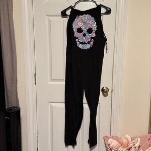 Black Jumpsuit with Floral Skull Design